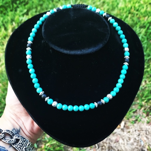 Turquoise bead necklace . turquoise & onyx gemstones adjustable macrame choker - Picture 5 of 9