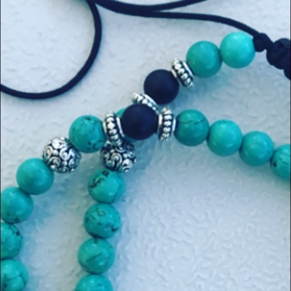 Turquoise bead necklace . turquoise & onyx gemstones adjustable macrame choker - Picture 7 of 9