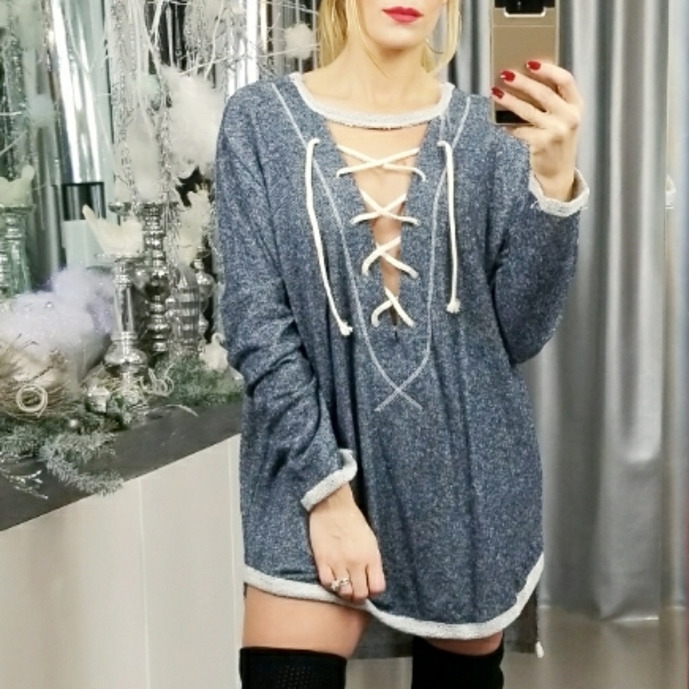 LAST 1 SALELACE UP HI-LO SWEATSHIRT/mini dress - Picture 2 of 4