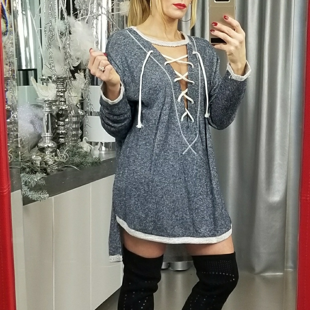 LAST 1 SALELACE UP HI-LO SWEATSHIRT/mini dress - Picture 3 of 4