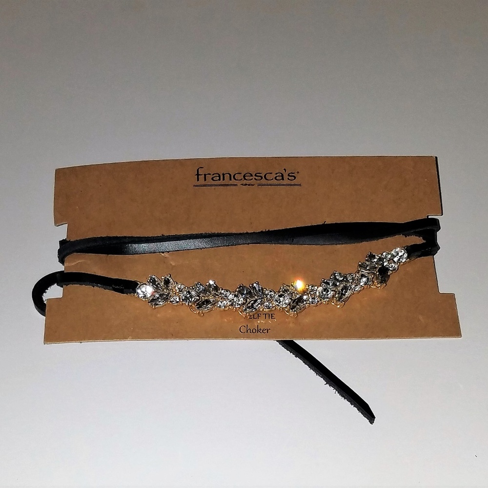 Rhinestone Choker Genuine Leather Tie