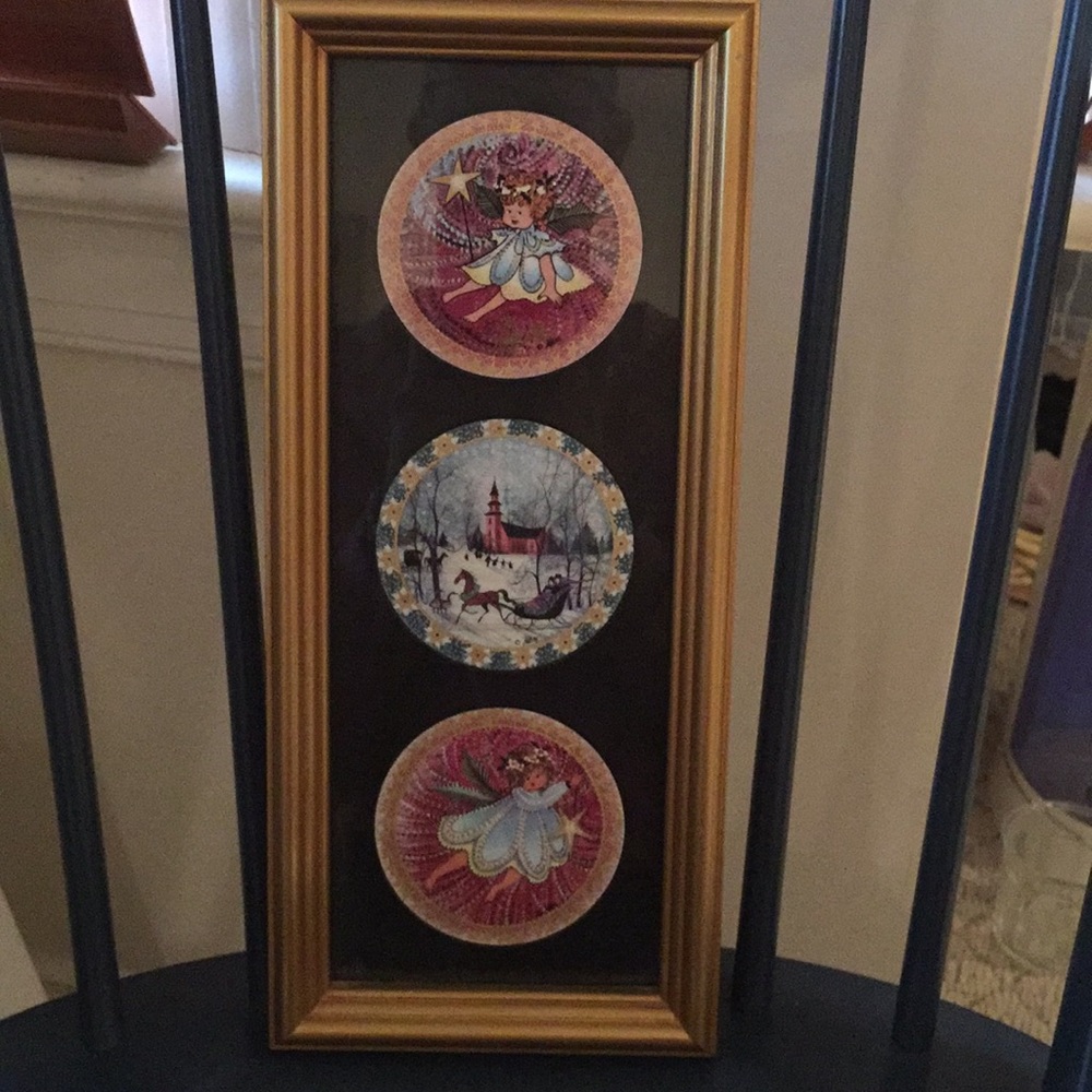 Authentic P Buckley Moss Holiday ornaments framed