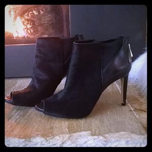 Ann Taylor dyed calf hair open toed heeled booties