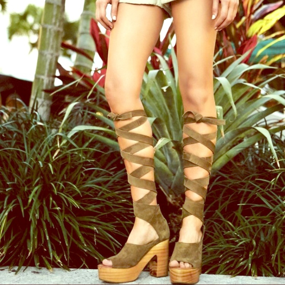 Free People BLACK suede lace up wedges size 7