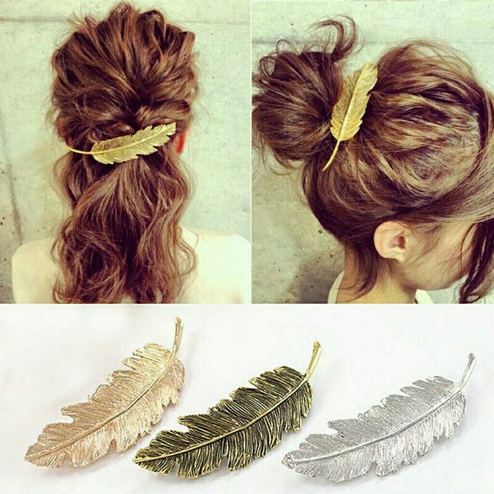 pair Bright Silver Feather Large Hair Clips - Picture 2 of 7