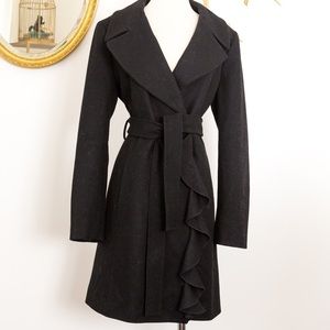 Loft Black Wool Blend Overcoat with Front Ruffle