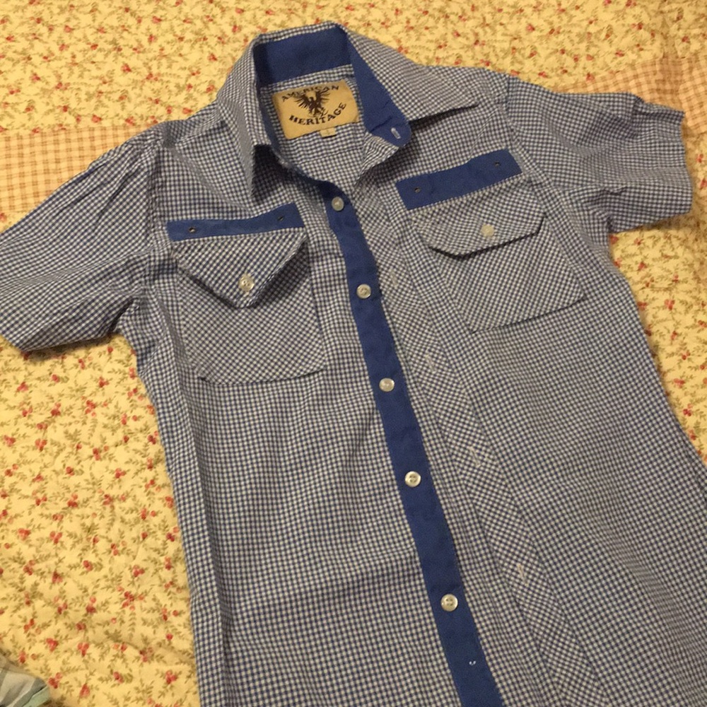 Boys button down checked blue white shirt size 8