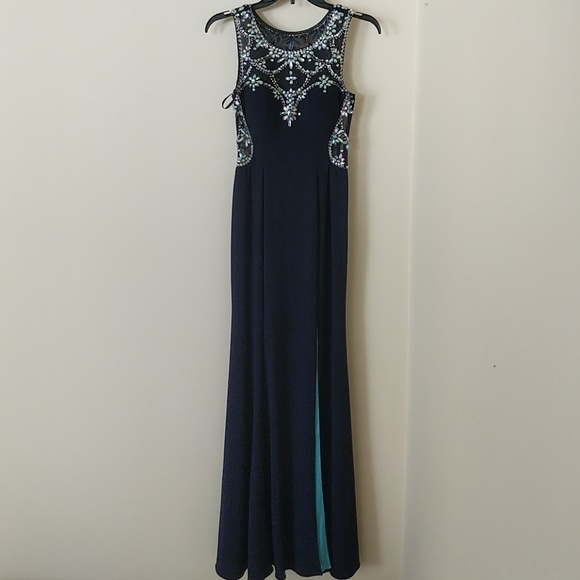 Navy Blue and Teal Sweetheart Beaded Prom Gown - Picture 3 of 8
