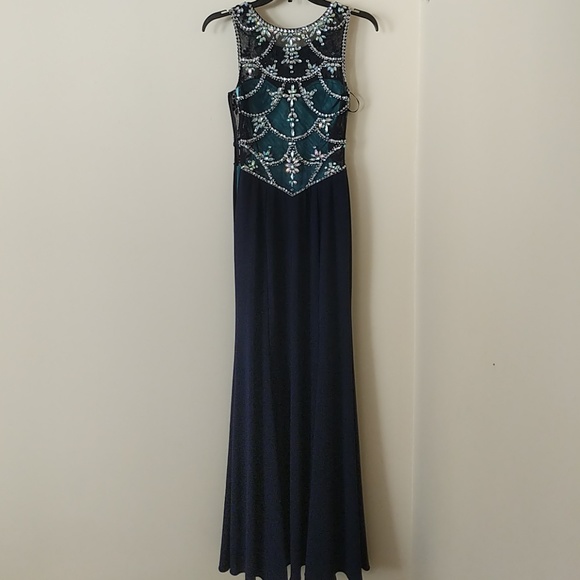 Navy Blue and Teal Sweetheart Beaded Prom Gown - Picture 4 of 8