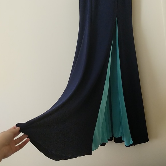 Navy Blue and Teal Sweetheart Beaded Prom Gown - Picture 5 of 8