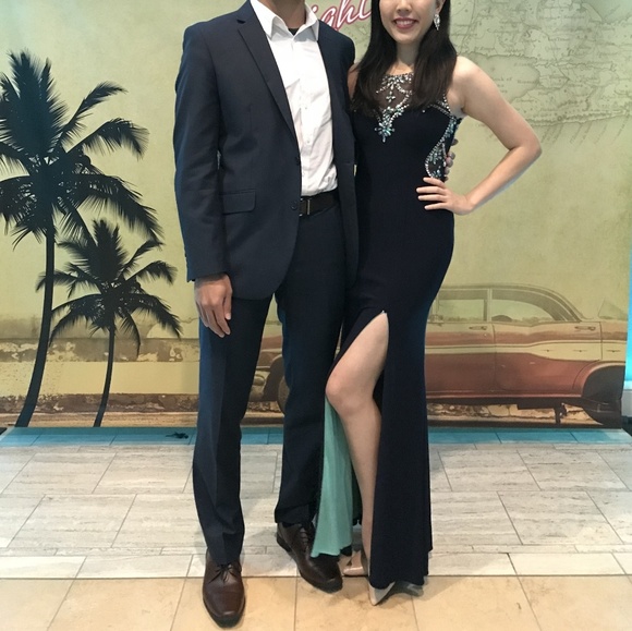 Navy Blue and Teal Sweetheart Beaded Prom Gown - Picture 8 of 8