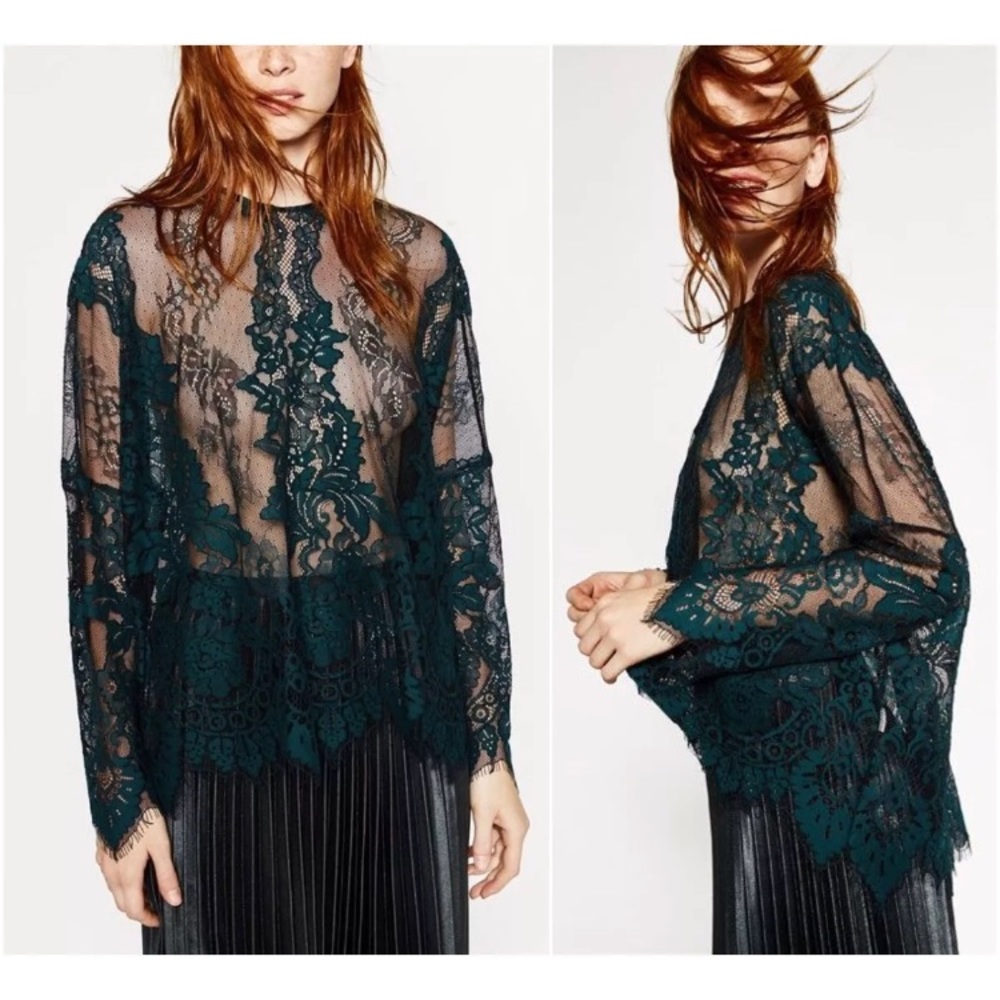 🛑SOLD Zara bottle green & semi sheer lace top size XS