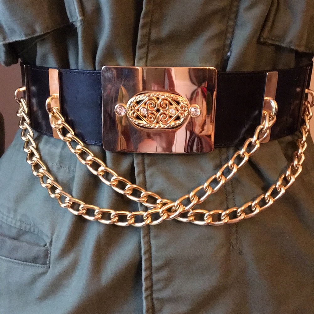 VINTAGE Belt - gold chains & black genuine leather