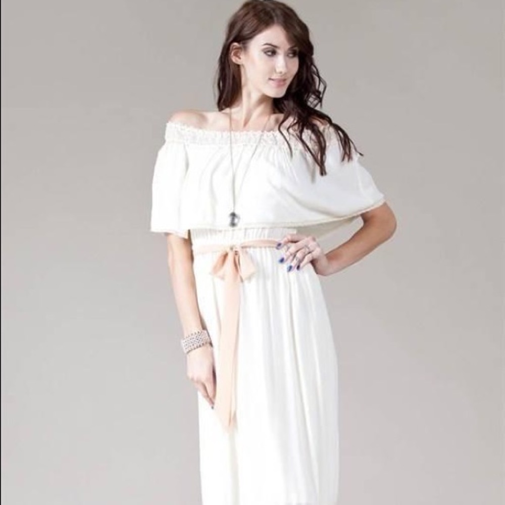 Rotten tomato white maxi off the shoulder dress