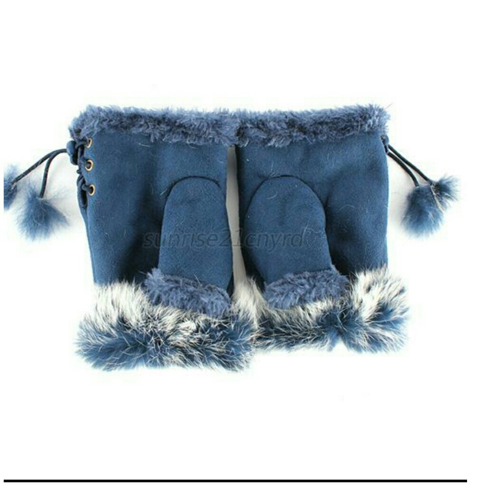 NEW BLUE FAUX SUEDE FINGERLESS GLOVES - Picture 2 of 2