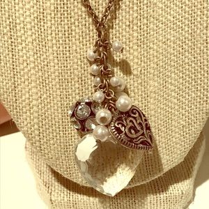 Long heart and pearl charmed necklace