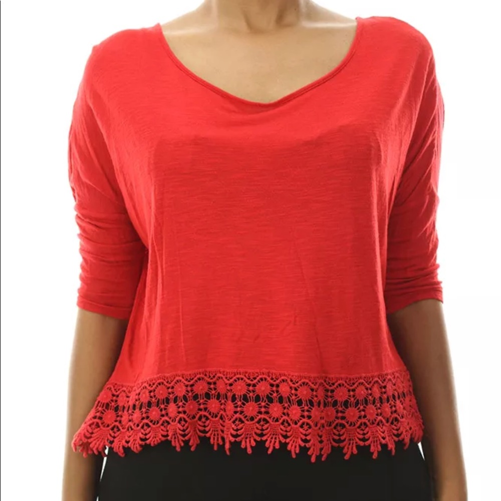 🐝Freshman Red Elbow Sleeve Slub Crochet Blouse🐝