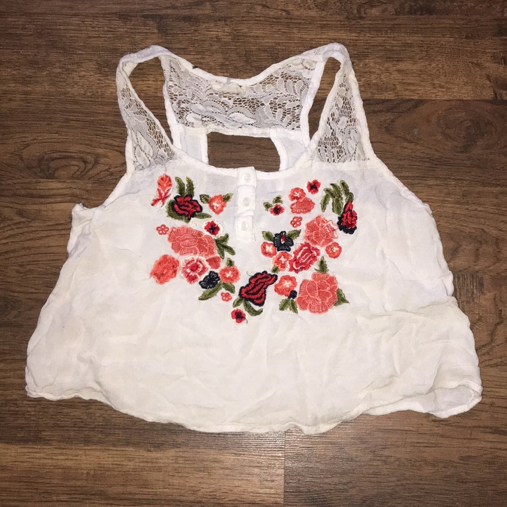 Embroidered orange and coral flowered crop top