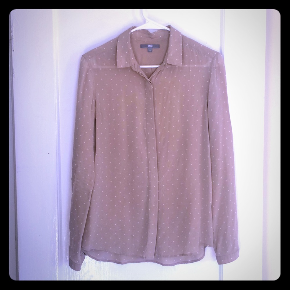 Beige uniqlo 100% silk polka dot shirt
