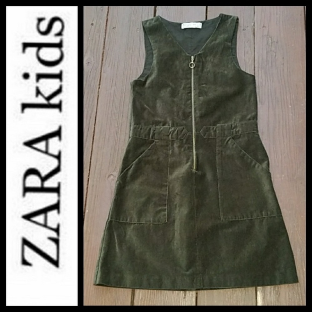 ZARA KIDS GIRLS OLIVE GREEN VELVET JUMPER DRESS