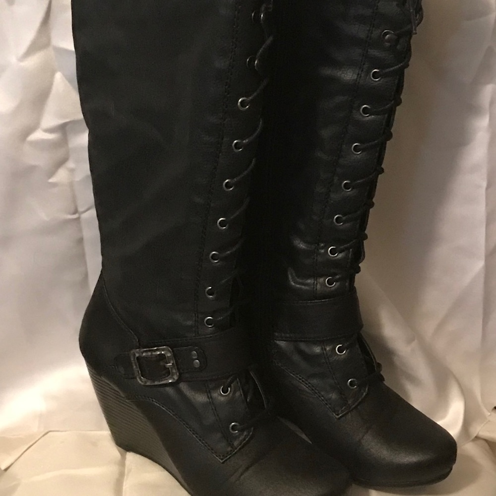 Womens Wedge Black Lace-Up Darleen Boots 8 1/2 M.