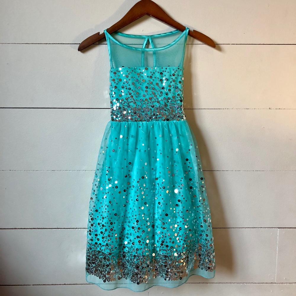 Girls seagreen occasion dress with silver sequins