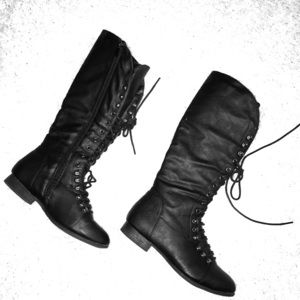 Black calf length lace up boots w silver hardware