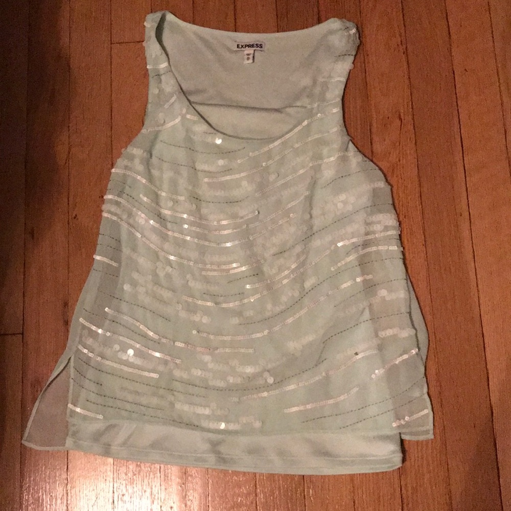 Mint green sequined chiffon top, tulip back
