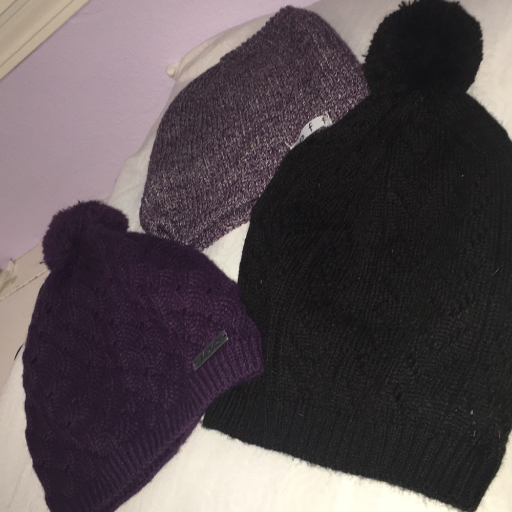 3 beanies, both purple are name brands
