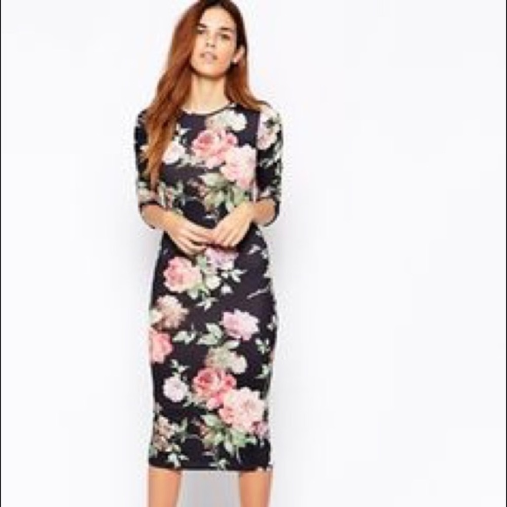 Black Floral 3/4 Sleeve Midi Bodycon Dress