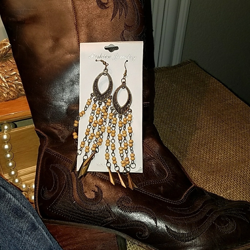 Long Boho Wooden Bead Earrings - Picture 1 of 2