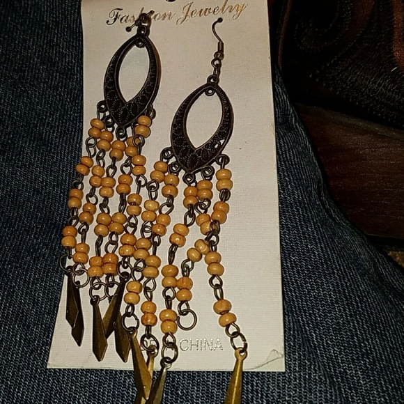 Long Boho Wooden Bead Earrings - Picture 2 of 2