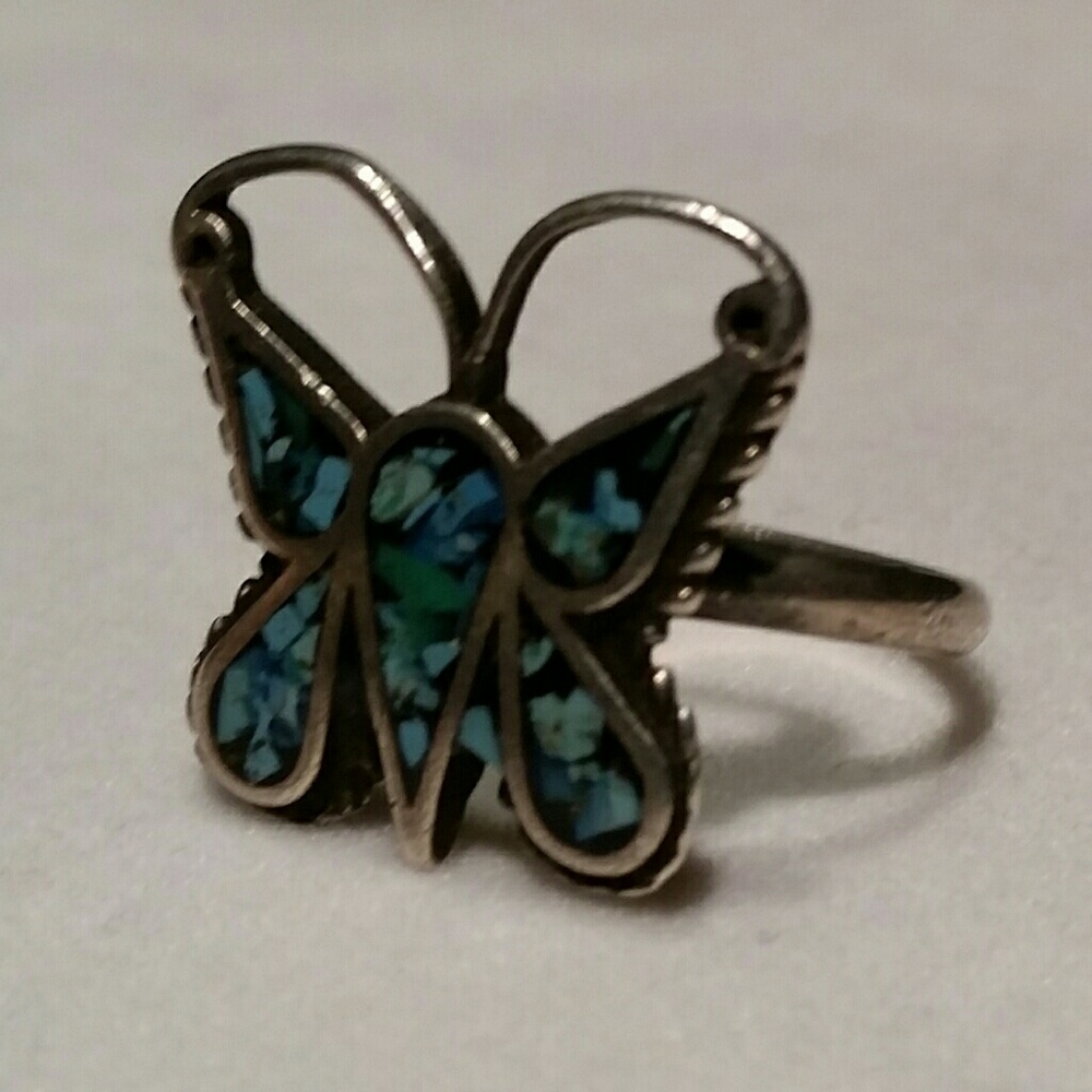 SS VINTAGE turquoise coral butterfly ring sz 6