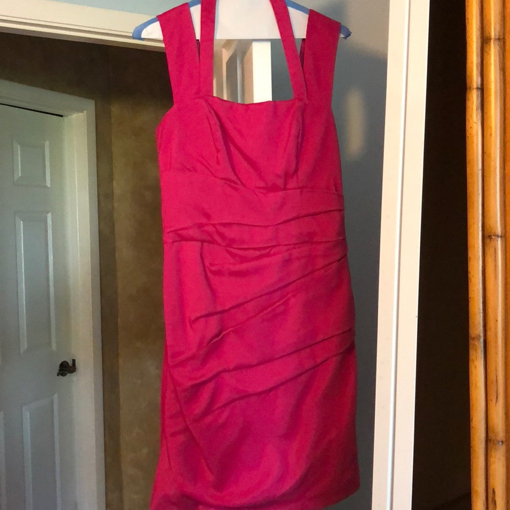 Hot pink strappy halter sleeved cocktail dress