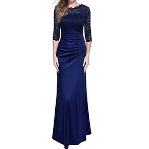Women's Lace 2/3 Sleeve Ruched Wedding Blue Dress