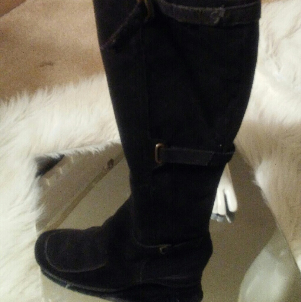 Black suede boots with adjustable straps