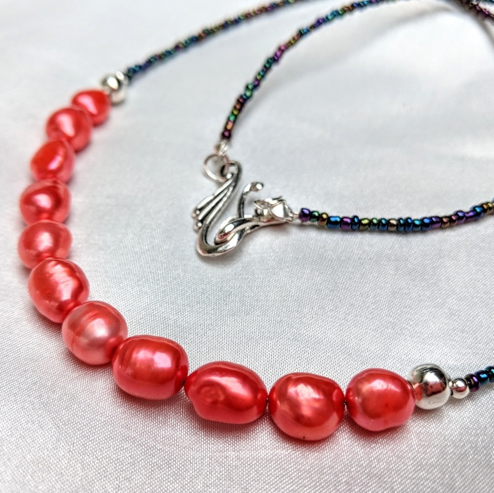 Handmade bright pink freshwater pearl necklace