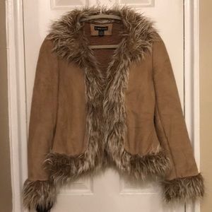 Coat—faux fur, suede, and fleece