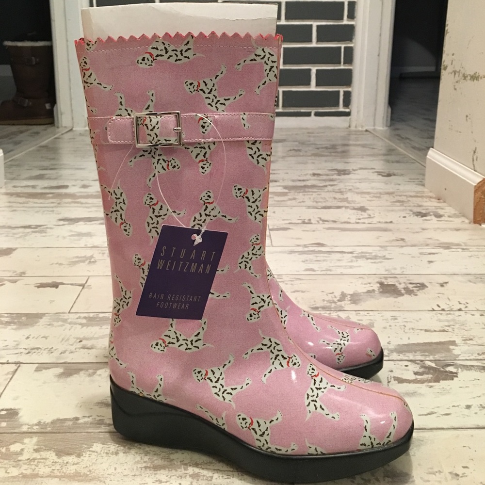 Stuart Weizmann pink rain boots with Dalmatians