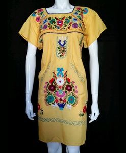 Mexican Above the Knee Tunic Yellow Mini Dress