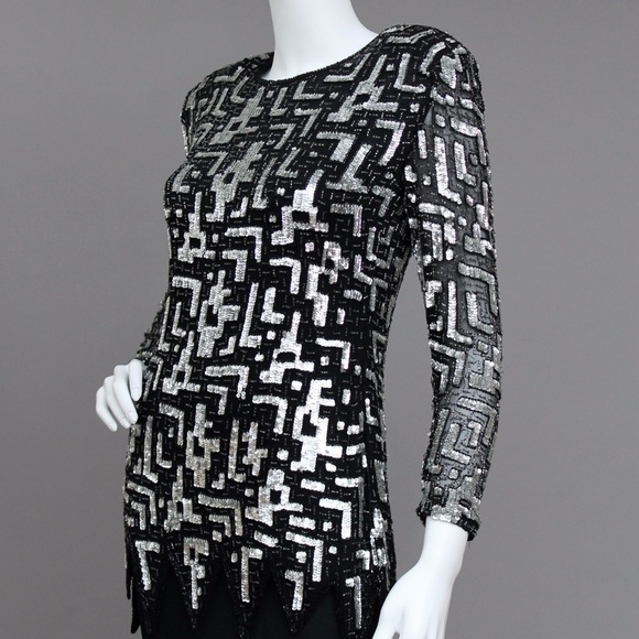 GEOMETRIC SPARKLING SEQUIN ASYMMETRIC PARTY TOP - Picture 3 of 8