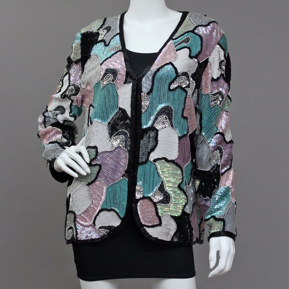 SPARKLING ABSTRACT SEQUIN HOLIDAY PARTY JACKET - Picture 2 of 8