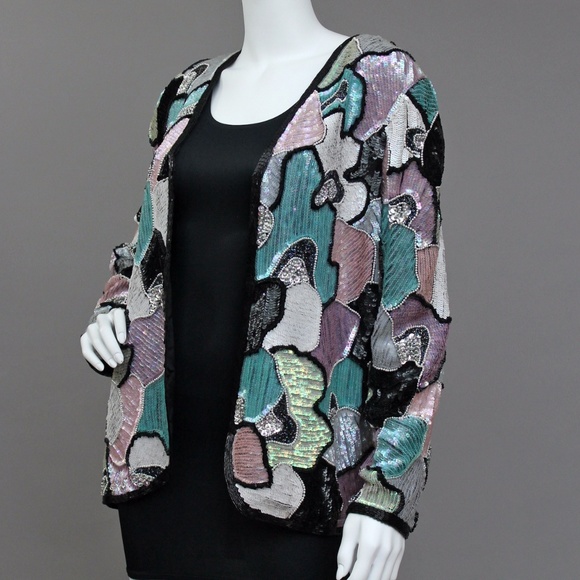 SPARKLING ABSTRACT SEQUIN HOLIDAY PARTY JACKET - Picture 4 of 8