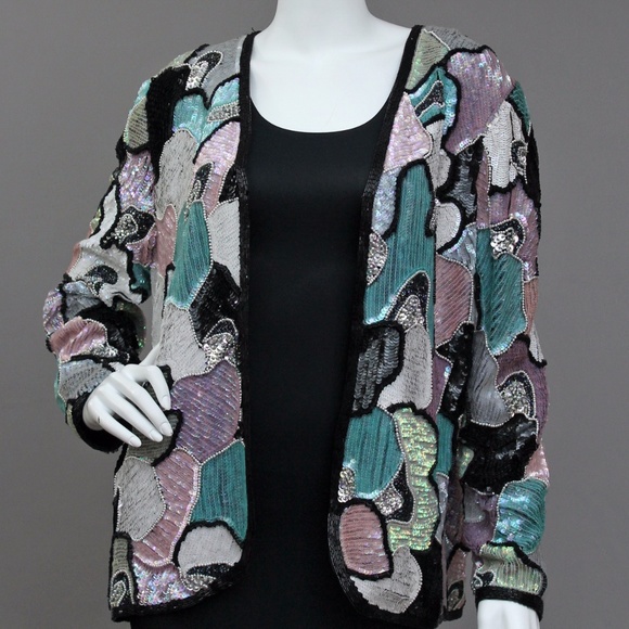 SPARKLING ABSTRACT SEQUIN HOLIDAY PARTY JACKET - Picture 3 of 8