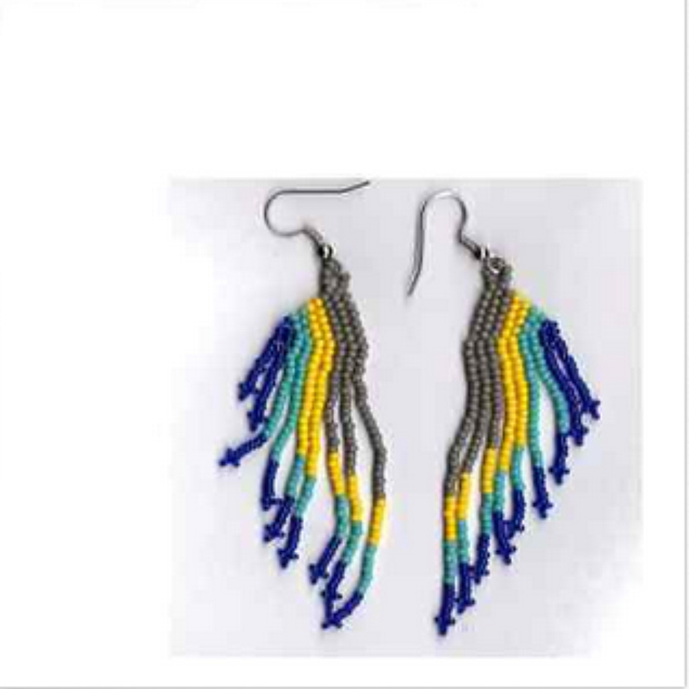 Seed Bead Earrings Gray, Blue, and Yellow