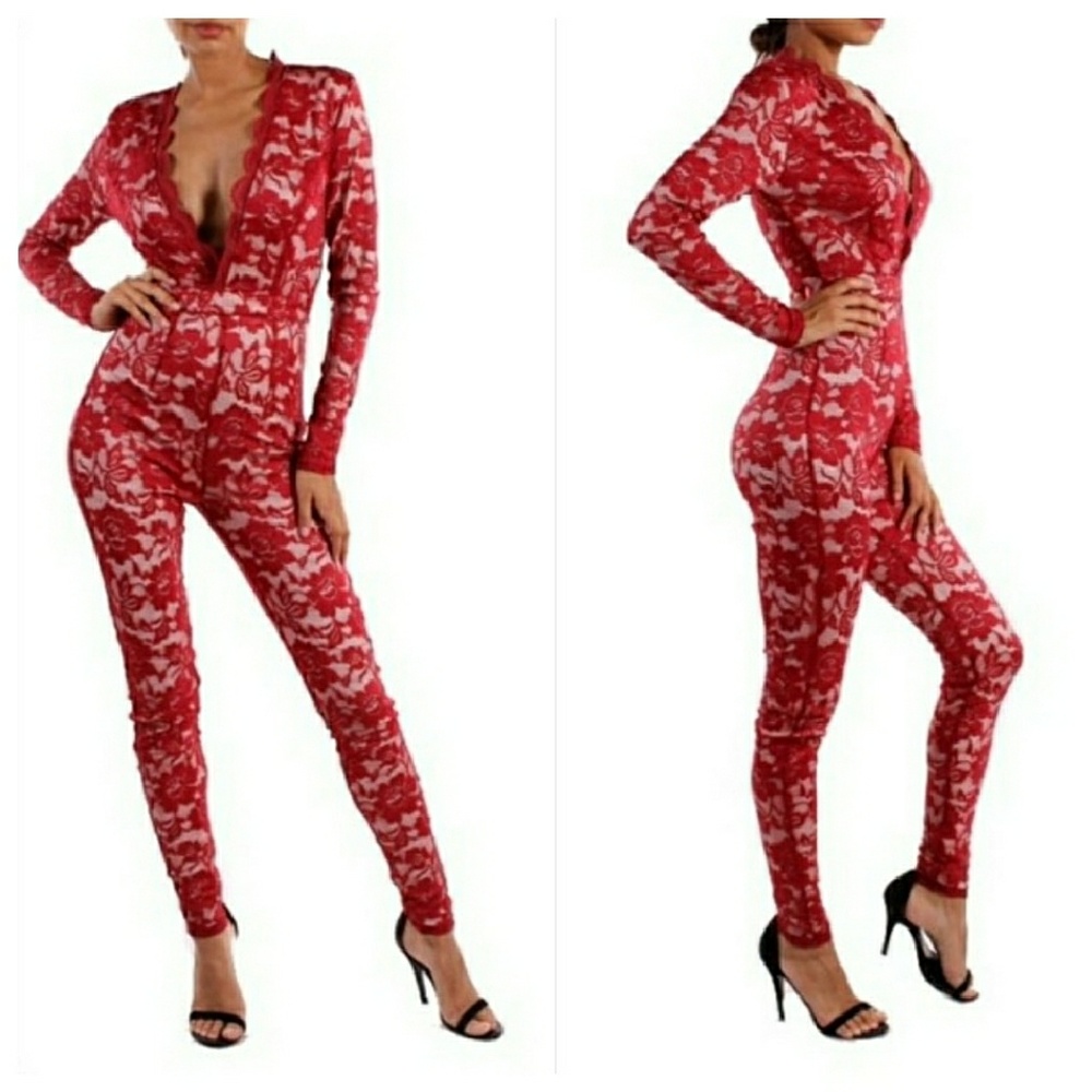 Wine Floral lace jumpsuit