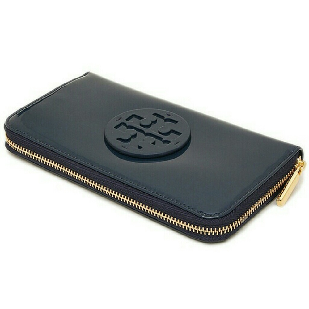 NWT Tory Burch StackedT blue patent leather wallet