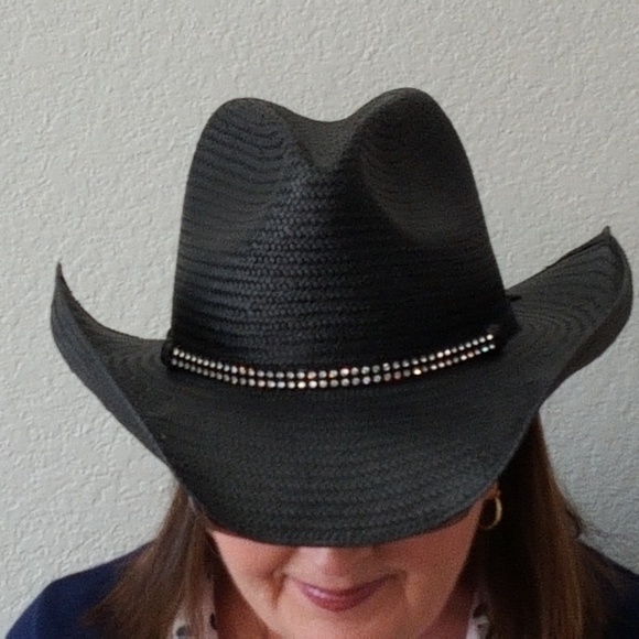 Cowboy Girl Hat Black Straw Rhinestones 