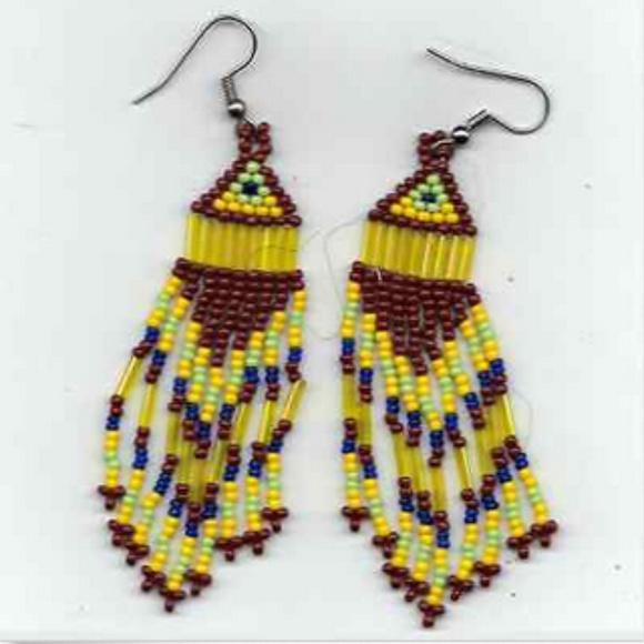 Brown, Green, Yellow,  Blue Beaded Earrings - Picture 1 of 1