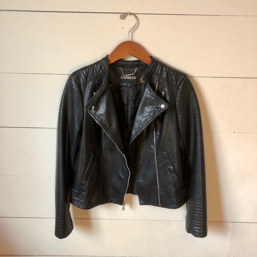 Women’s faux leather moto jacket.